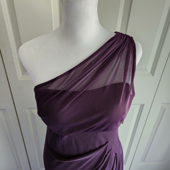 David's Bridal Long Mesh One Shoulder Illusion Dress Plum Style# F19074 Size 4 - Picture 6 of 15